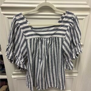 beachlunchlounge Navy and White Striped Blouse linen cotton blend Medium